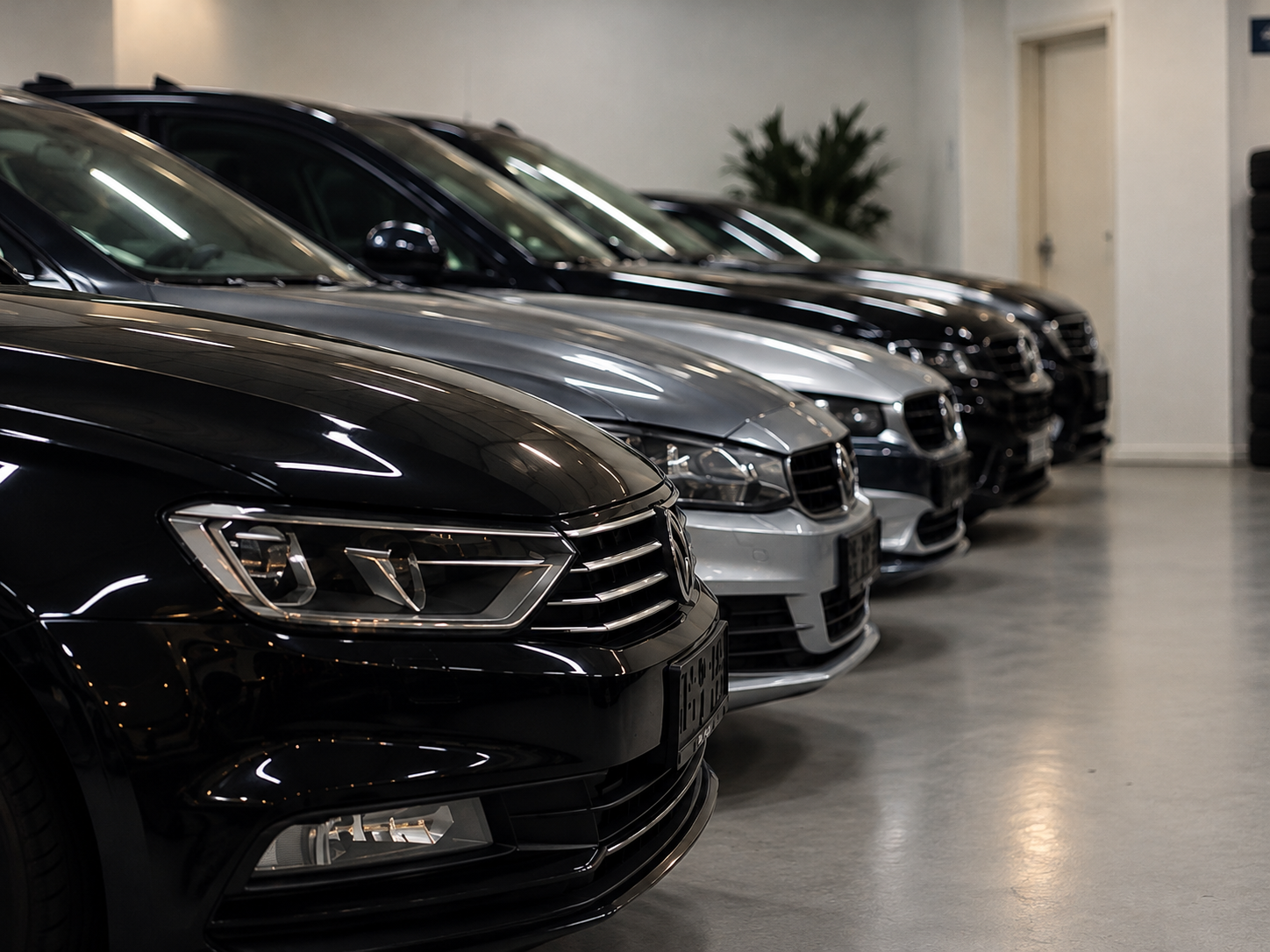 Biler på række i ByBilers showroom